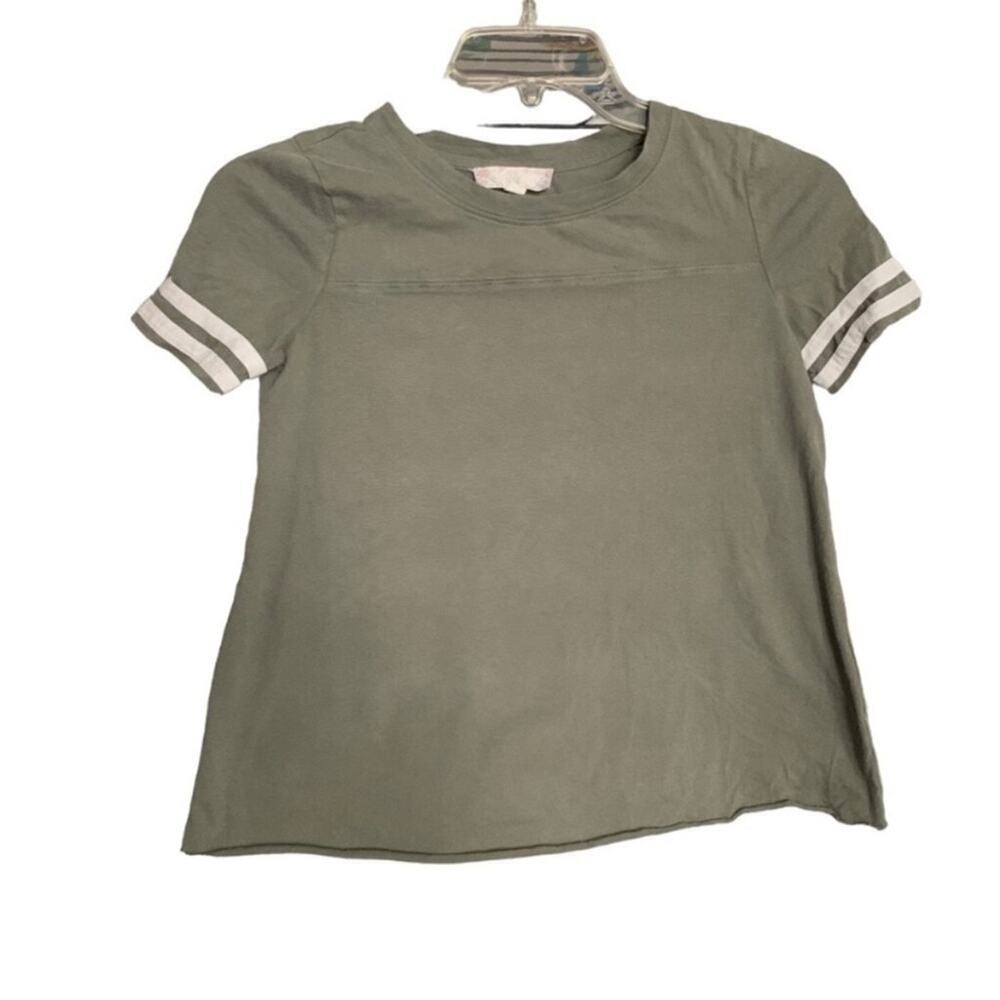Pink Rose Green Varsity Stripe Tee XS – Soft Casual Sporty T-Shirt